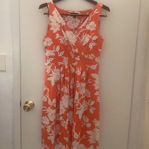Lands End Sleeveless Orange with White Roses Dress Size S Faux Wrap Excellent.